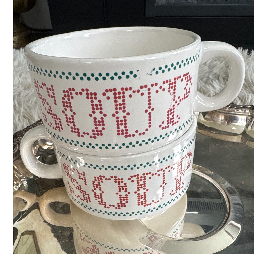Set of 2 White Soup Mugs Red Green Dots "SOUP" Holiday‎ Christmas